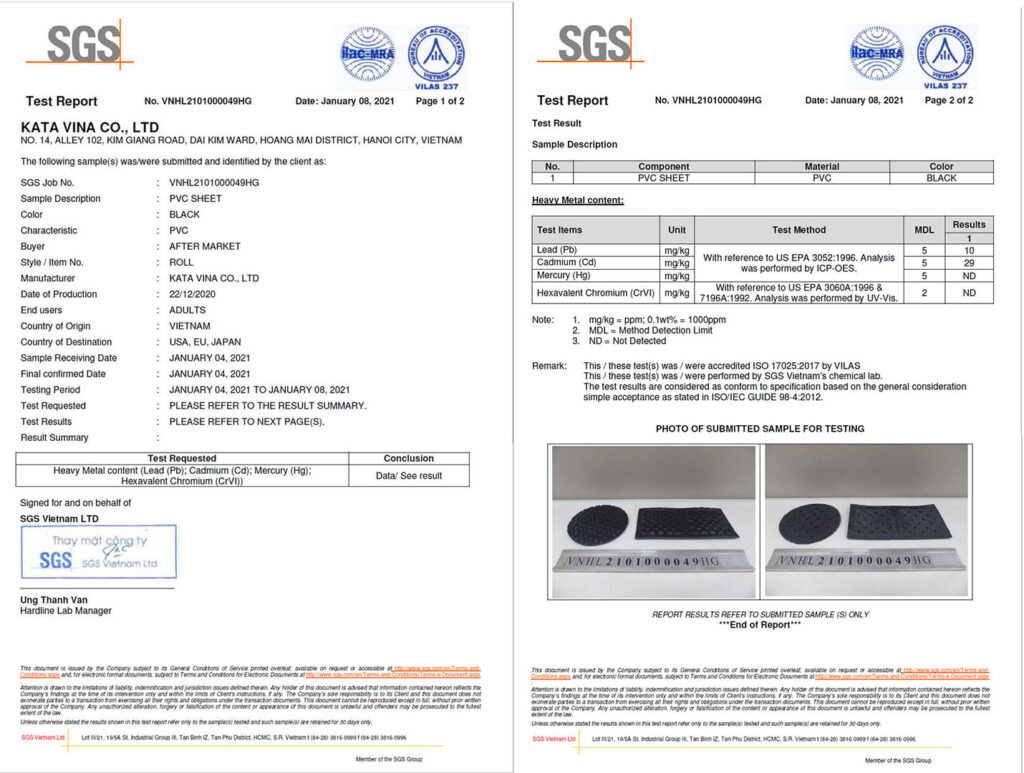 Chứng chỉ chất lượng SGS của sản phẩm thảm lót sàn ô tô KATA