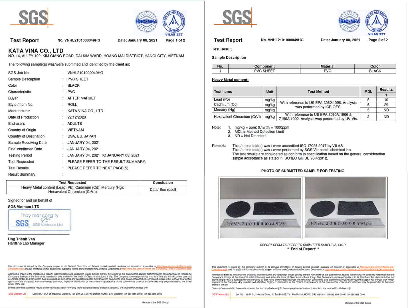 Chứng chỉ chất lượng SGS thảm lót sàn ô tô KATA